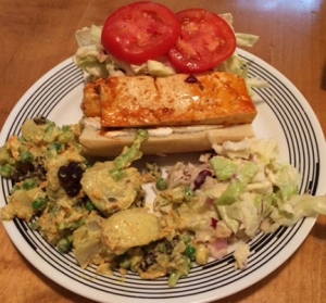 curried vegetable salad with tofu poboy sammich and apple slaw on the side