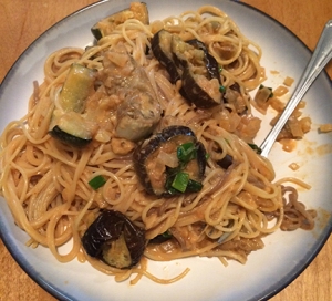 Noodles in Thai Curry Sauce with Japanese and white eggplant